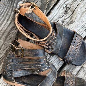 BED|STU Distressed Black Leather Sandals